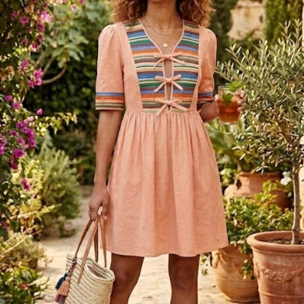 Maje | Peach Embroidered Babydoll Dress w/ Front Ties | Size US Medium